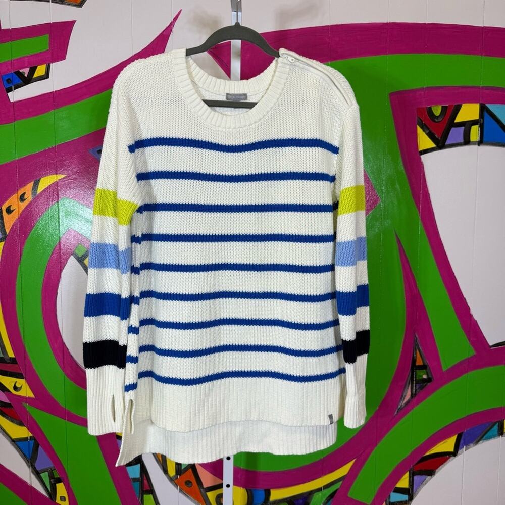 T by Talbots White and Blue Crew Neck Sweater with Nautical Stripes. Size Medium